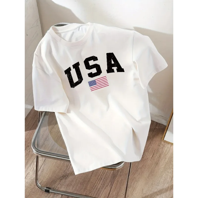 USA Letter Printed Men's New T-shirt Loose and Fashionable Short Sleeved Round Neck Casual Top Summer Daily Couple T-shirt