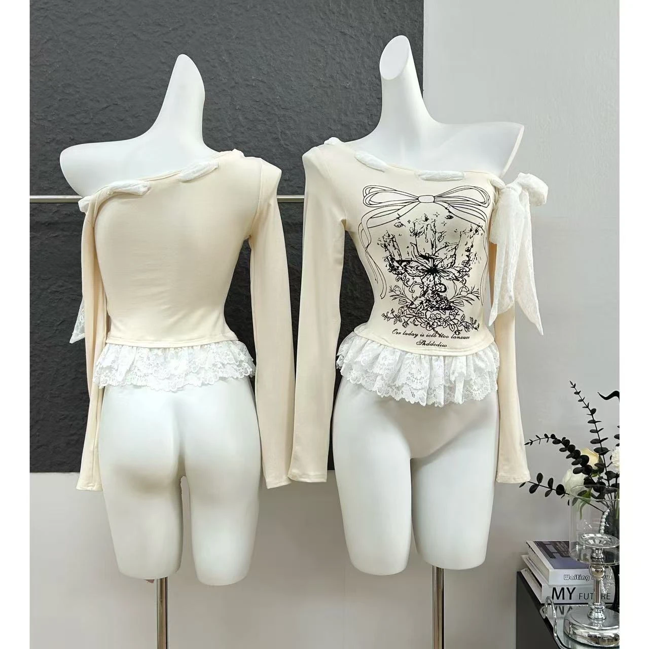 Women Clothes Y2k T Shirts Print Slim Waist Long Sleeve Slash Neck Sweet Ruffles Tees Crop Tshirts Winter 2025 Ropa Mujer