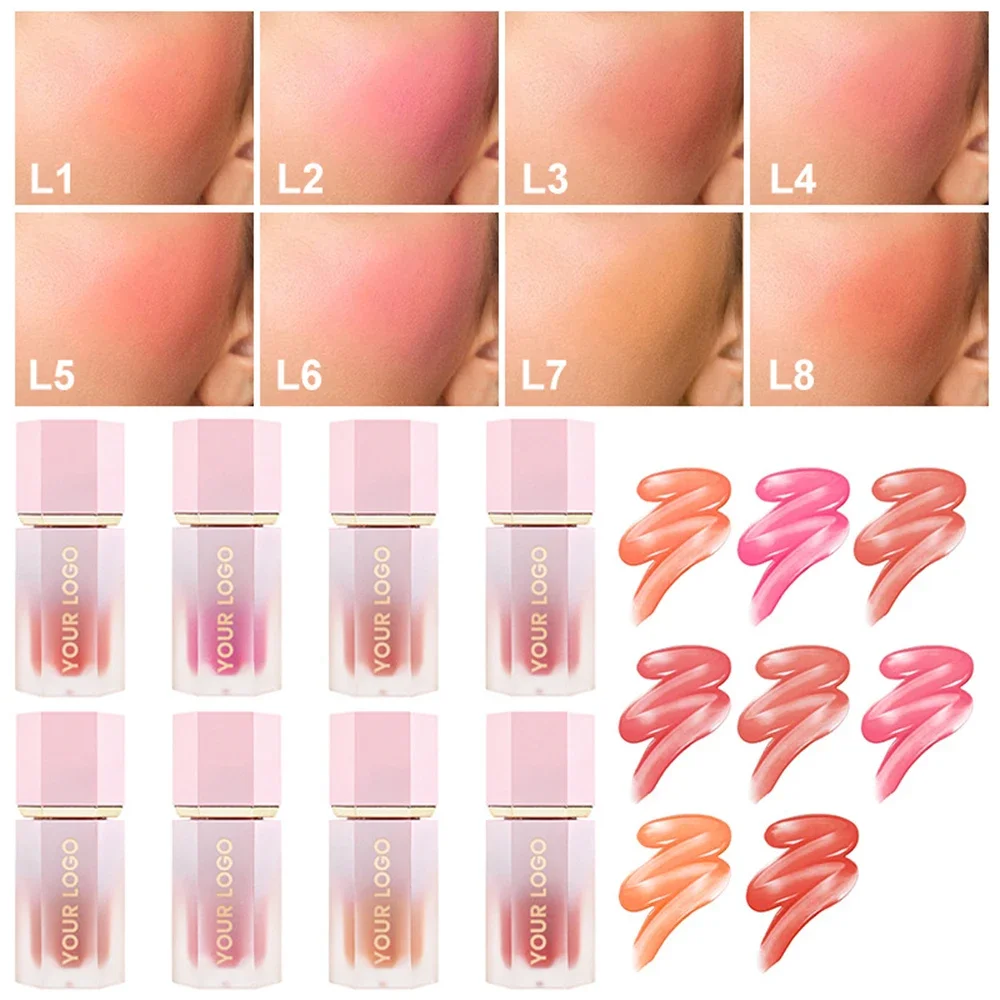 Rubor líquido de 8 colores de marca privada, logotipo personalizado, resistente al agua, multiusos, barra nutritiva Facial, maquillaje Natural para mejillas, venta al por mayor