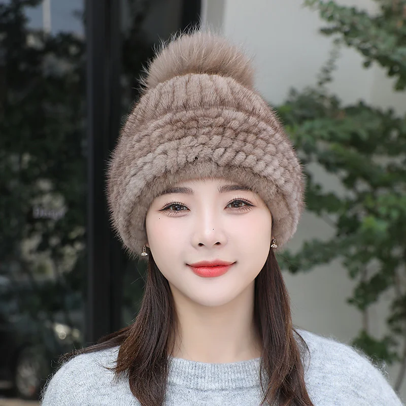 

Fashion Winter Warm Women Knit Caps Women Cenuine Real Natural Kintted Mink Fur Hat Mink Hats With Fox Fur Vertical Wovem Top