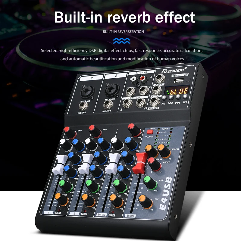 Mikser 4-kanałowy/7-kanałowy, z zasilaniem phantom 48V, USB, mikser studyjny Bluetooth, sprzęt DJ, profesjonalny mikser do transmisji na żywo