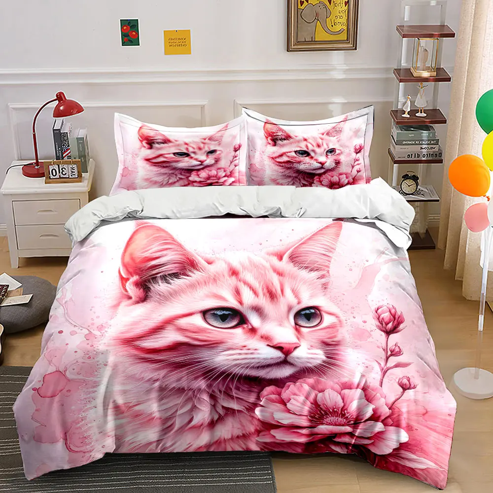 

Pink Cat with Elegant Flowers Print Soft Comfortable Duvet Cover Bedding Set Included 1*Duvet Cover 2*Pillowcases Luxury gifts