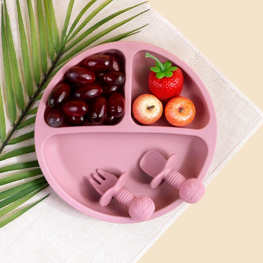 

TYRY.HU 3PCS Silicone Baby Feeding Set with Dinner Plate Handle Spoon Fork Children Tableware for Baby Training