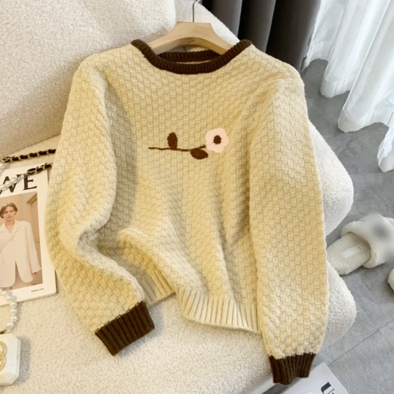 

Women's Clothing Khaki Knitting Sweater Long Sleeves Vintage Casual Solid Korean Fashion Baggy Ladies 2024 Spring Apricot Tops