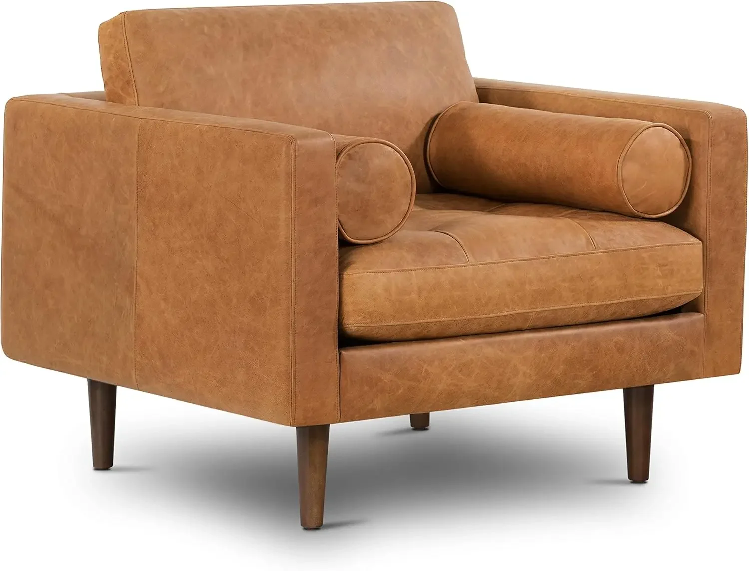 Mid Century Modern Cognac Brown Leather Accent Chair for Living Room, Bedroom & Home Office