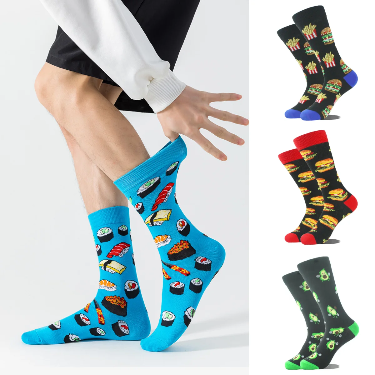 

1 пара носков унисекс до середины икры, гамбургеры, картофель фри, авокадо, узор суши, индивидуальный уличный стиль, костюм на все сезоны