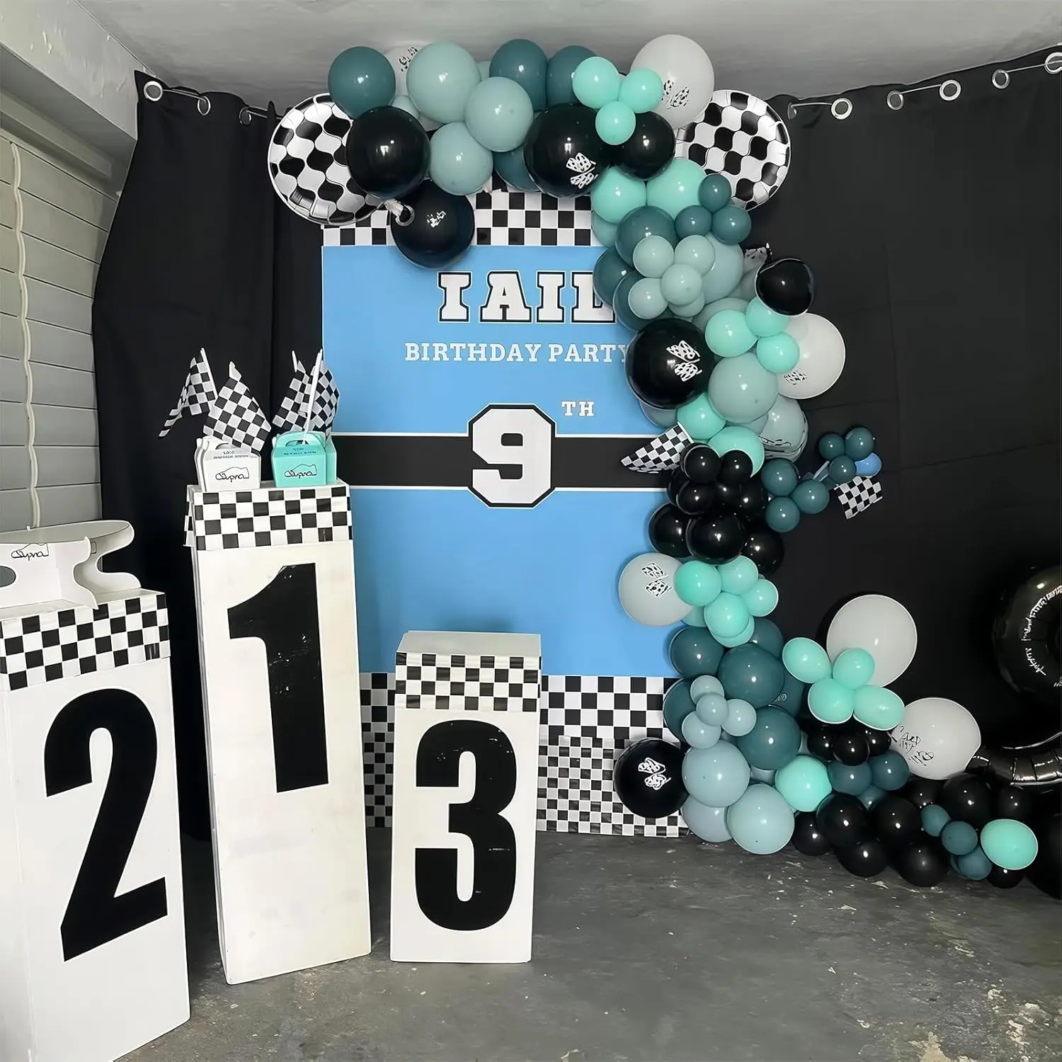 Race Car Balloon Arch Kit Checkered Blue Black Sliver Balloons Garland for Racing Car Two Fast 2nd Birthday Party Decorations view 4