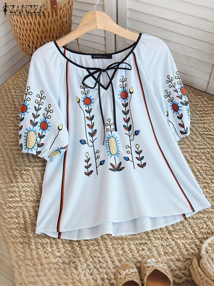 ZANZEA Vintage Blouse femmes été à manches courtes impression florale chemises 2025 mode pansement col en v décontracté élégant hauts bohème