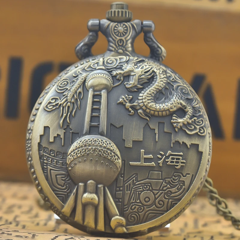 خمر البرونزية Steampunk شنغهاي الجذب منحوتة ساعة جيب كوارتز قلادة قلادة ساعة سلسلة الرجال سلسلة نسائية هدية