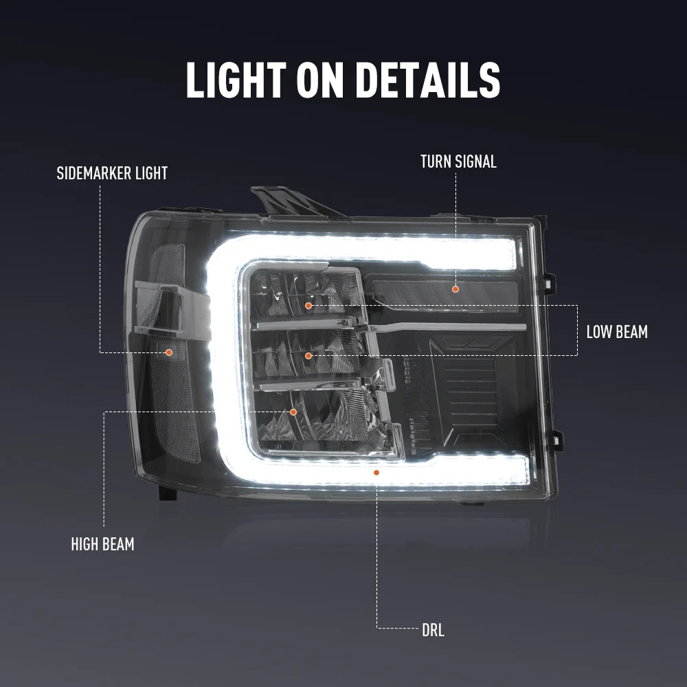 Pair Of LED Car Headlight Assembly For GMC Sierra 2007-2013 Headlights DRL Tuning Signal Plug And Play Front Head Lamp