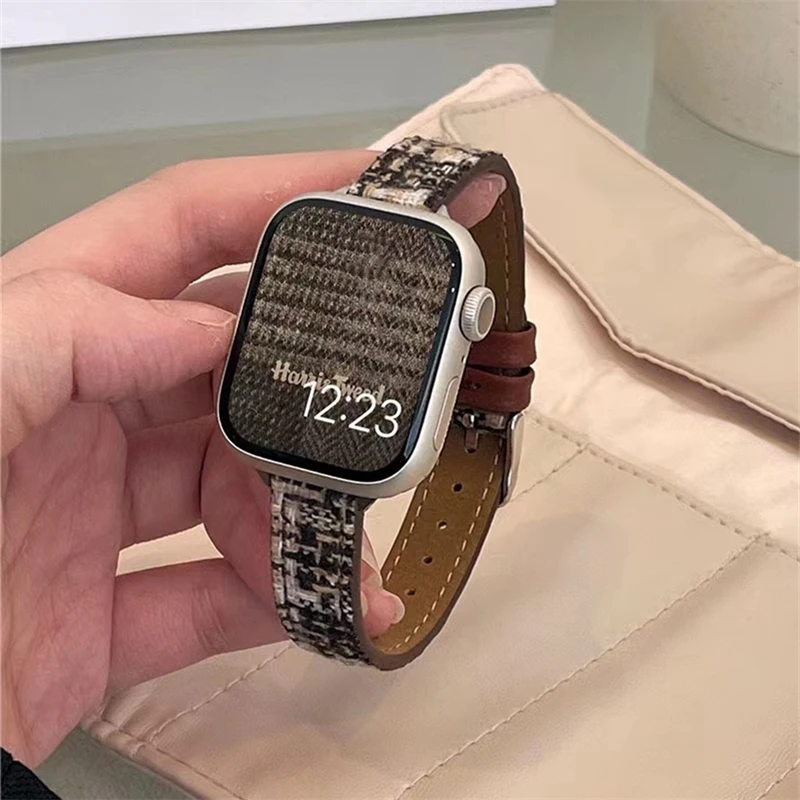 Autumn Winter Plaid Wool Thin Band For Apple Watch Band 41mm 38mm 40mm Wrist Slim Leather Strap For iwatch Series 8 7 6 5 4 3 SE