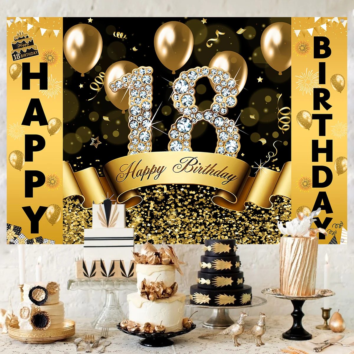 18/30/40 Years Old Black Gold Birthday Background Cloth Happy Birthday Party Decor Adults Photograph Backdrop Anniversary Party