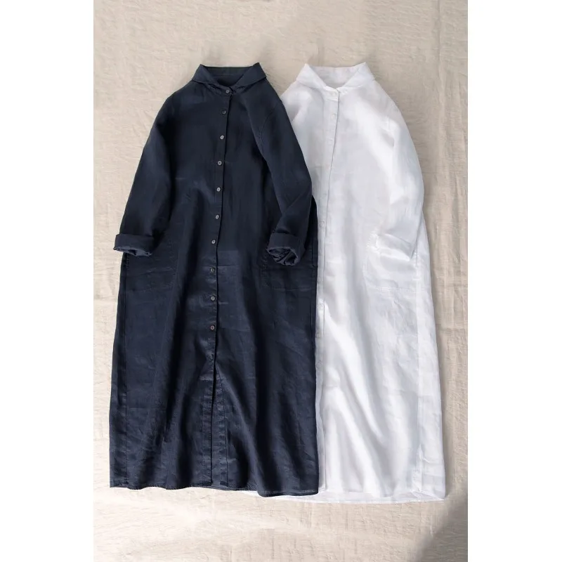 

Women's Faion Autumn Season Single Piece Long Sve Cotton Linen Long Dr Pure Color irt Collar Baby Doll Neline