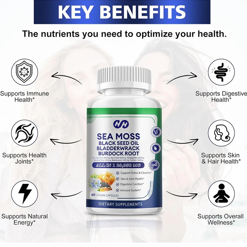 

60 капсул с экстрактом морских водорослей, содержащие ирландские водоросли, масло черного тмина, южноафриканский баклажан, корень лопуха, куркуму, витамины C и D3