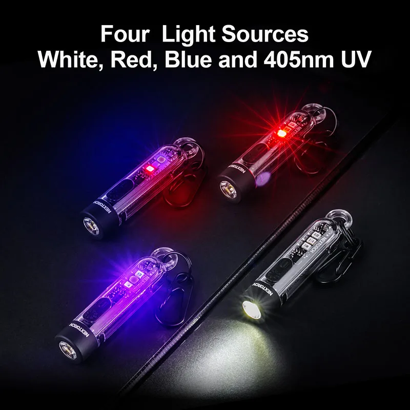 Nex torch k40 Multi-Lichtquelle Schlüssel bund Taschenlampe Lumen, weiß/rot/blau/UV-LED, 6 Beleuchtungs modi, Typ-C wiederauf ladbar