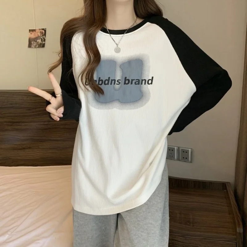 Trend Plus Size Print T Shirt Tops Spring Autumn Long Sleeve O-neck Loose Contrast Pullovers Top Casual Fashion Women Clothing