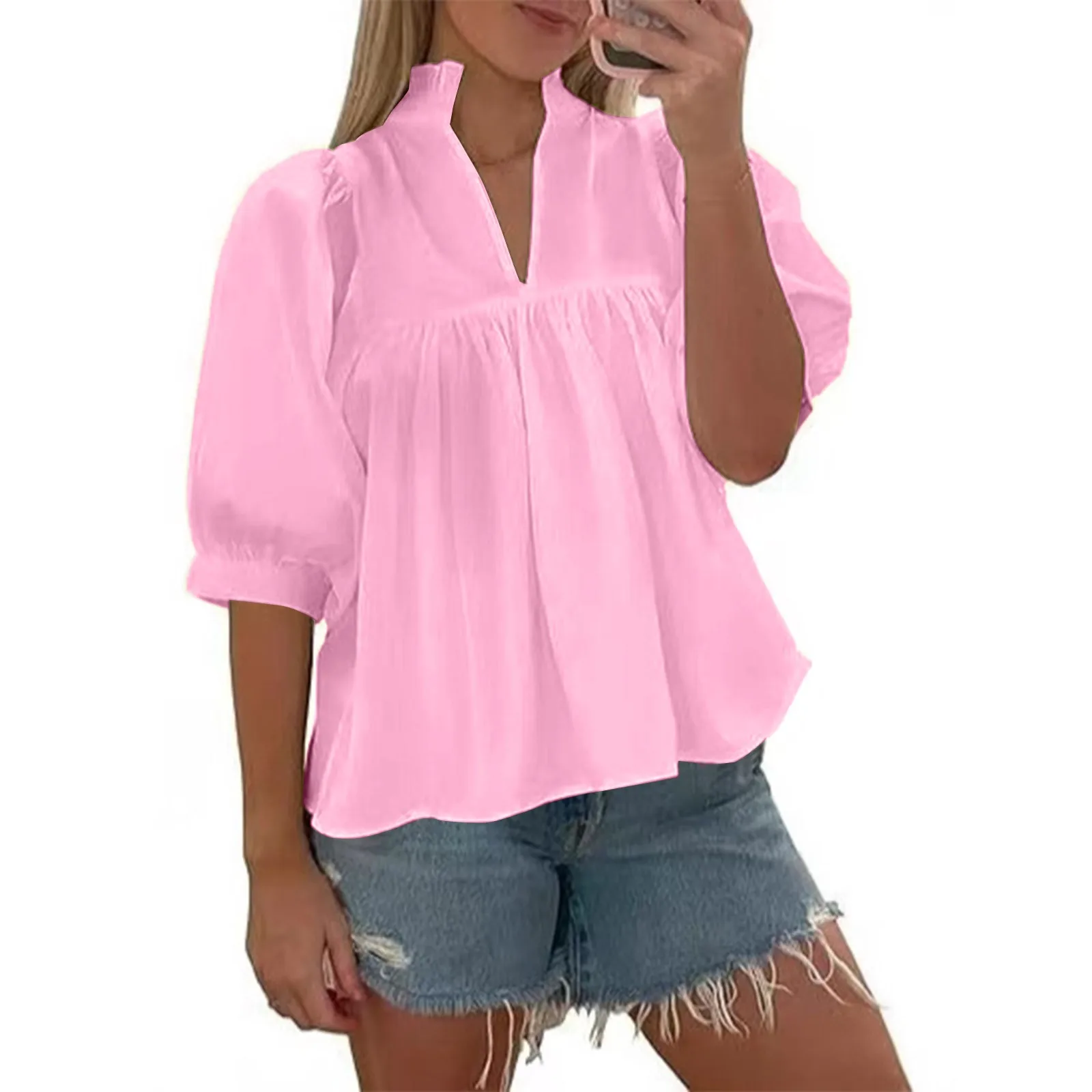 

2025 Summer Clothes Ladies Fashionable Women'S Elegant Solid Color Five-Quarter Sleeve Pleated Shirt Top Pullover T Shirts