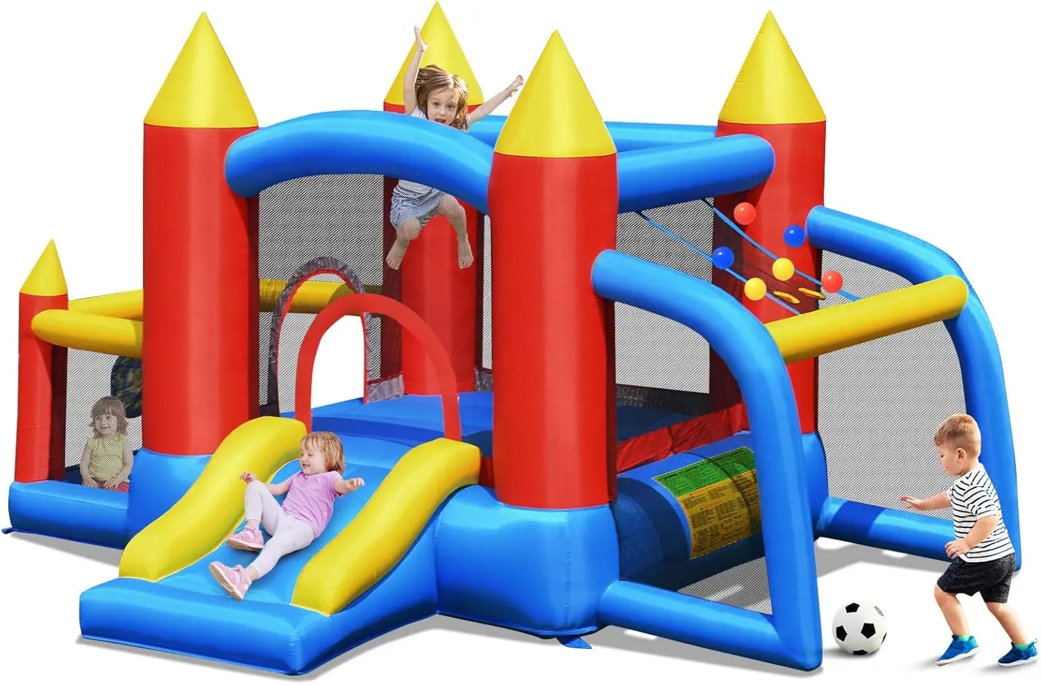 Inflatable Bounce House, Bouncy House for Kids Outdoor w/Slide, Soccer Goal, Ocean Balls, Extra Thick, Toddler Indoor Jumper Bou