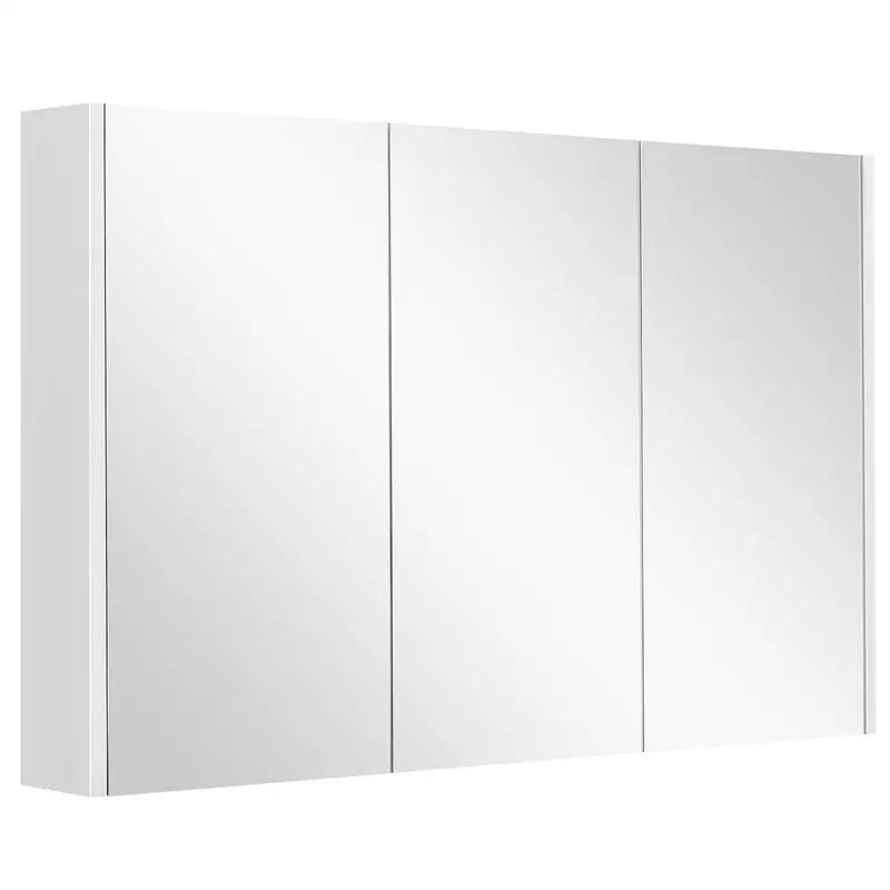 Badezimmer-Wandschrank mit 3 Spiegeln, wandmontierter Aufbewahrungsschrank mit 3 Türen, 3 verstellbaren Einlegeböden, 90x11x65cm, Weiß