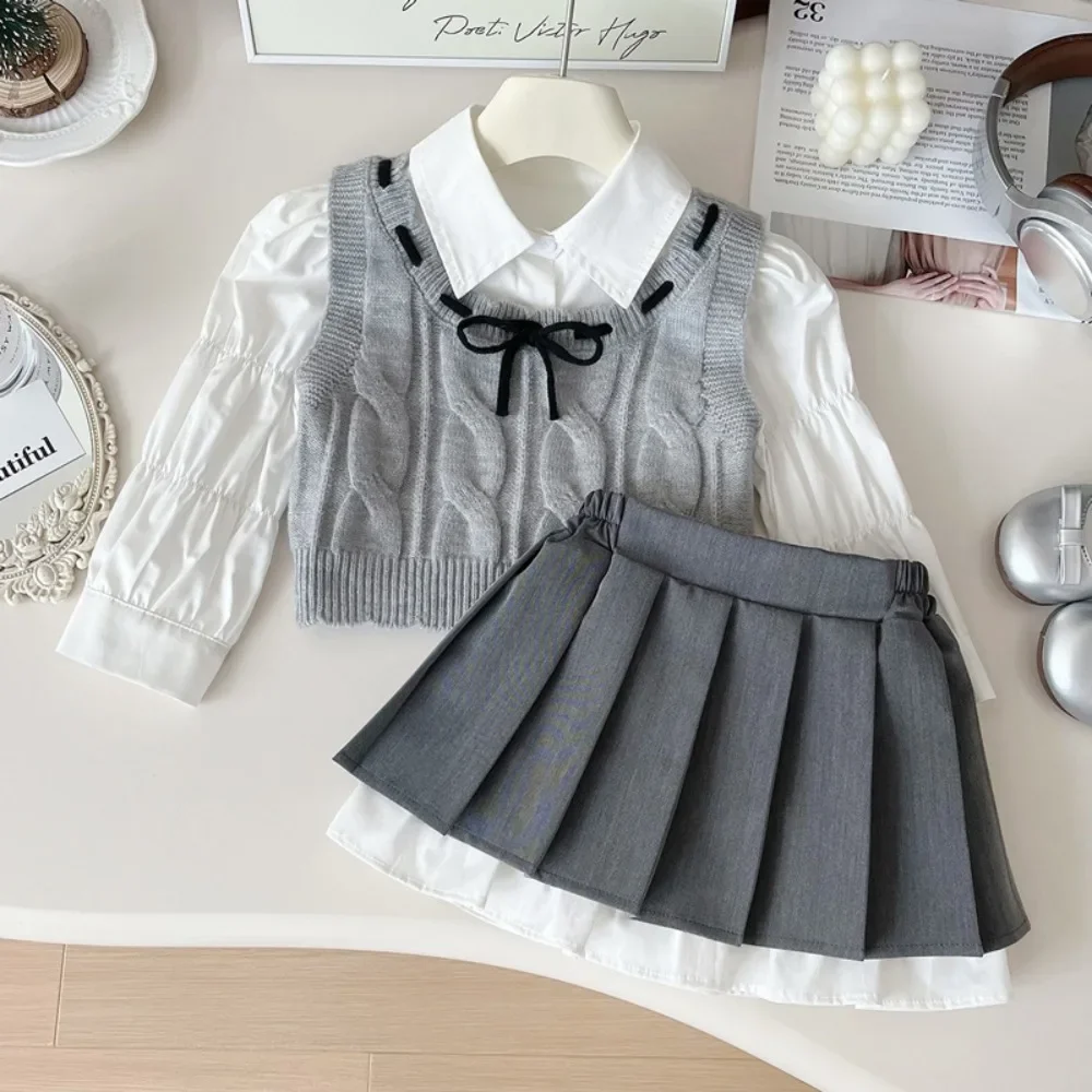 

Autumn Korean Version Baby Girl Clothes Fashion Kids Casual Three Piece Set White Long Sleeved Shirt+Gray Bow Vest+Pleated Skirt