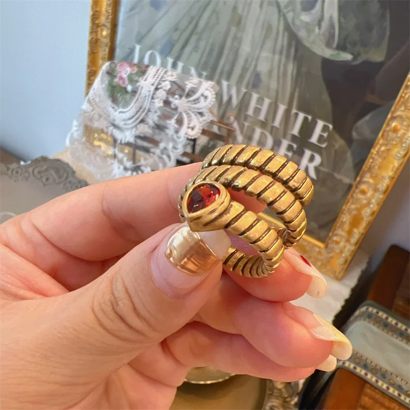 Retro Red Crystal Spiral Snake Bone Ring for Women