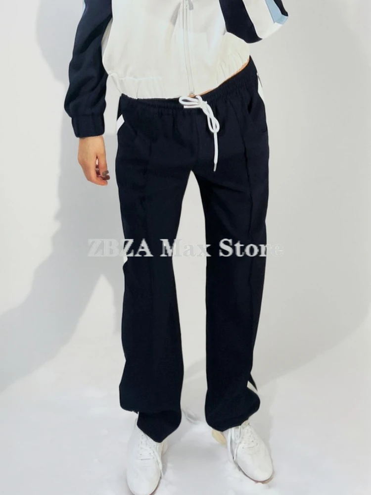 ZBZA Sports Jacket Pants Suit Stand Collar Pockets Zip Pilot Coat Elastic Waist Lace-up Straight-leg Pants Fall Female Chic Set