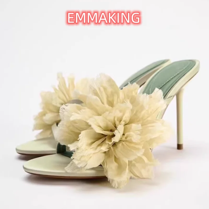 2025 New Summer Elegant Big Flower Slippers Green Fashion Open Toe Stilettos Sandals Women's Temperament Casual Beach High Heels