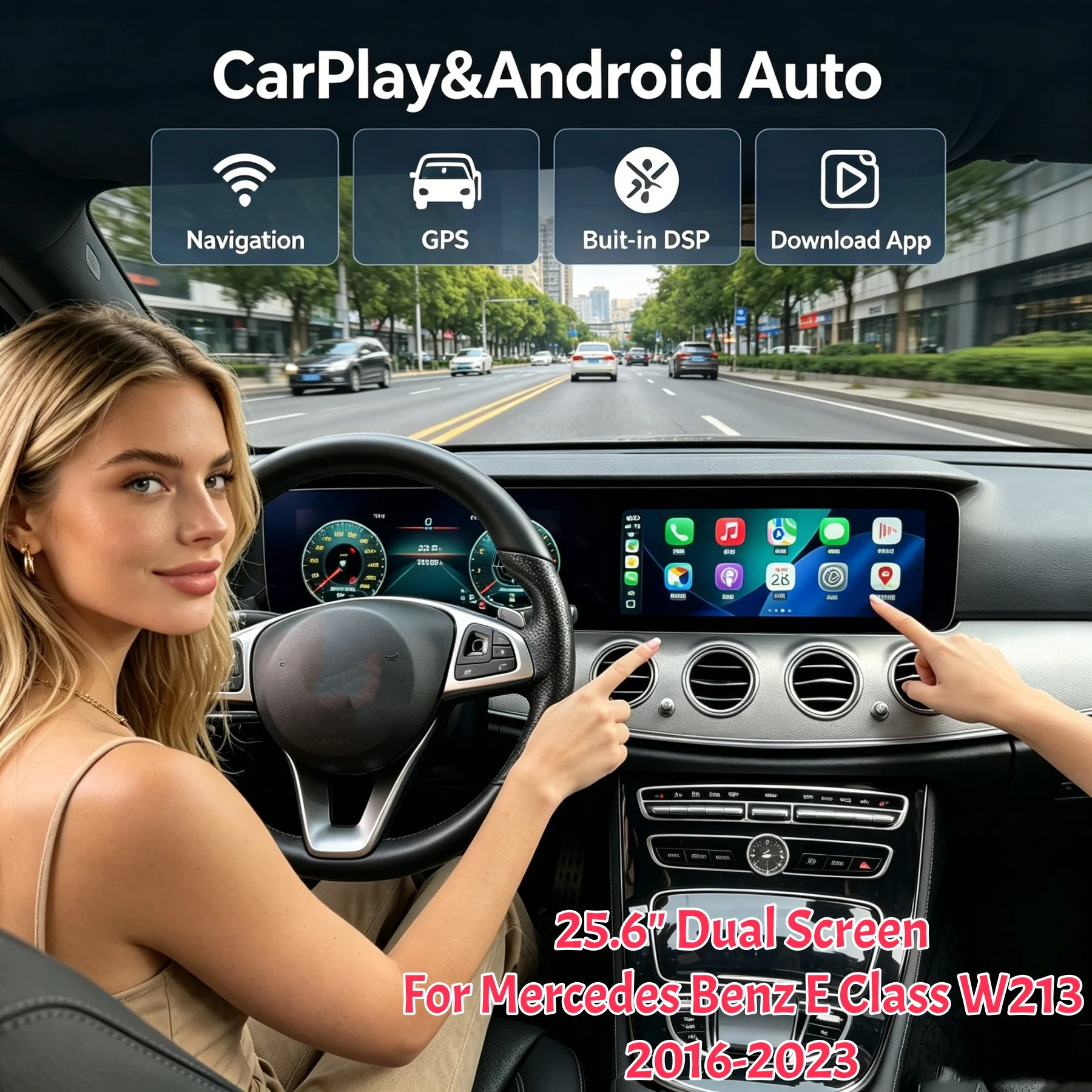 

25.6" Android CarPlay Car Radio For Mercedes Benz E Class W213 2016-2023 Touch Dual Screen Multimedia Player GPS Navigation DSP