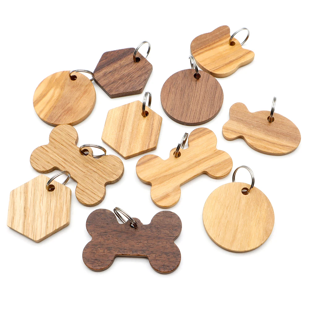 Wholesale 20/50/100Pcs Wood Dog ID Tag Bone Personalized Puppy Nameplate Anti-lost Round Name Tags For Dogs Keyrings Engraving