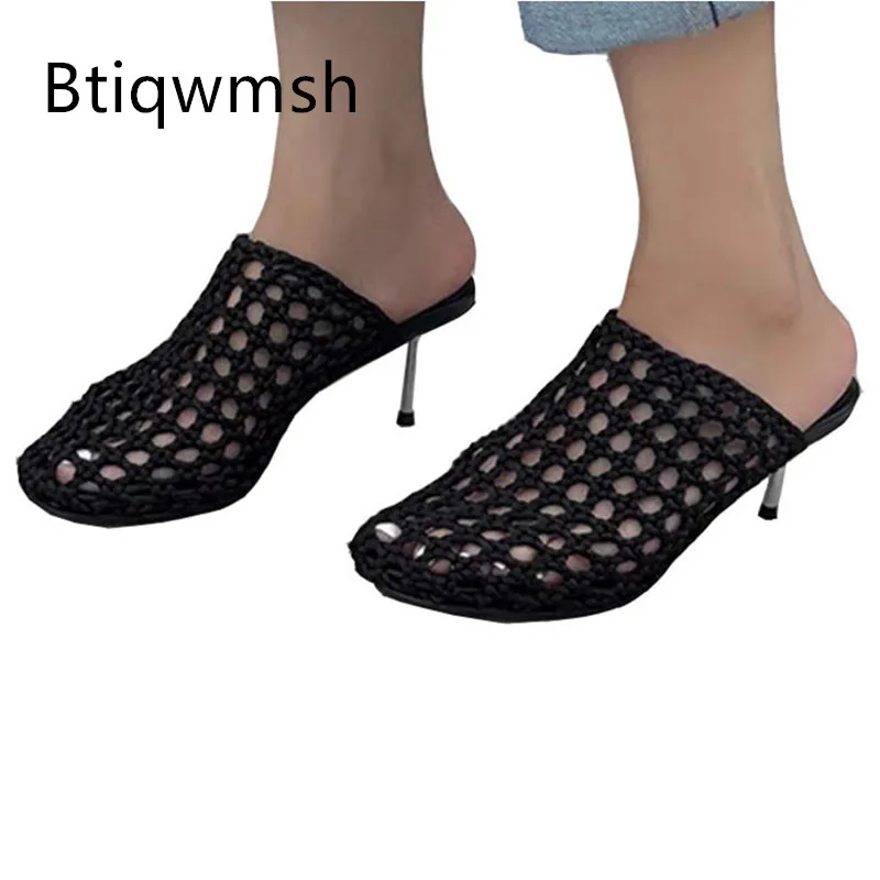 

2025 черные кожаные полые сандалии, женские вязаные туфли на высоком металлическом каблуке с круглым носком, женские пикантные тапочки Muller