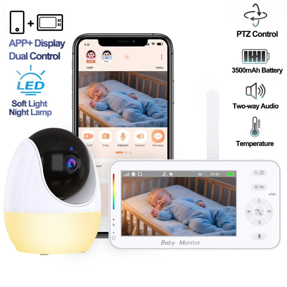 

4.3" WiFi Baby Monitor APP & Wireless Monitor Dual Control 1080P PTZ IP Camera Night Light VOX Lullaby Temperature Child Camera