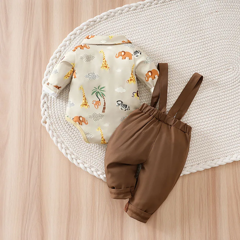 0-24M Infant Boys Formal Set Cute Zoo Animal Print Short Sleeve Romper and Brown Overalls Birthday Outfit