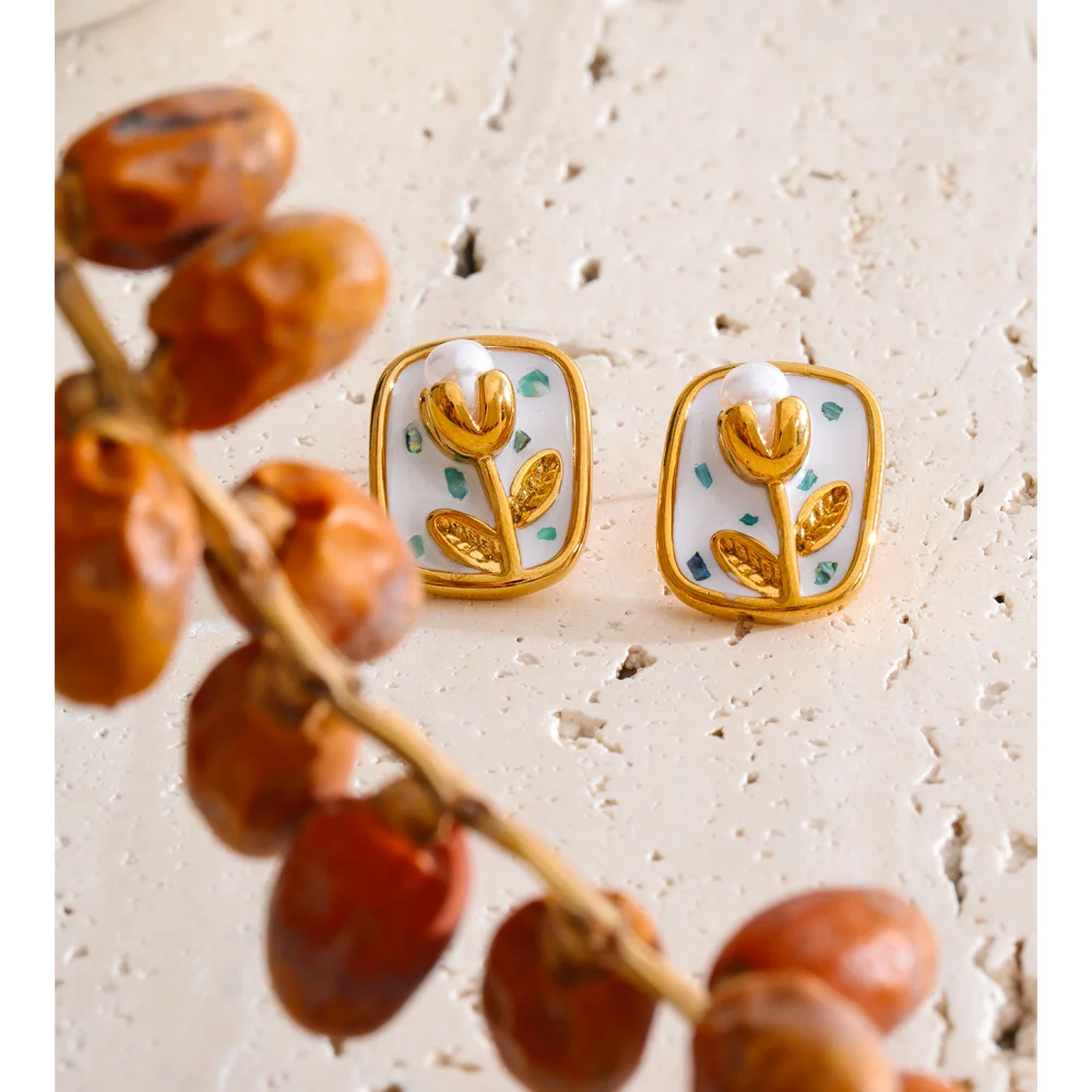 Yhpup French Style Stainless Steel Enamel Pearl Square Flower Stud Earrings PVD Plated Trendy Gold Color Attractive Jewelry