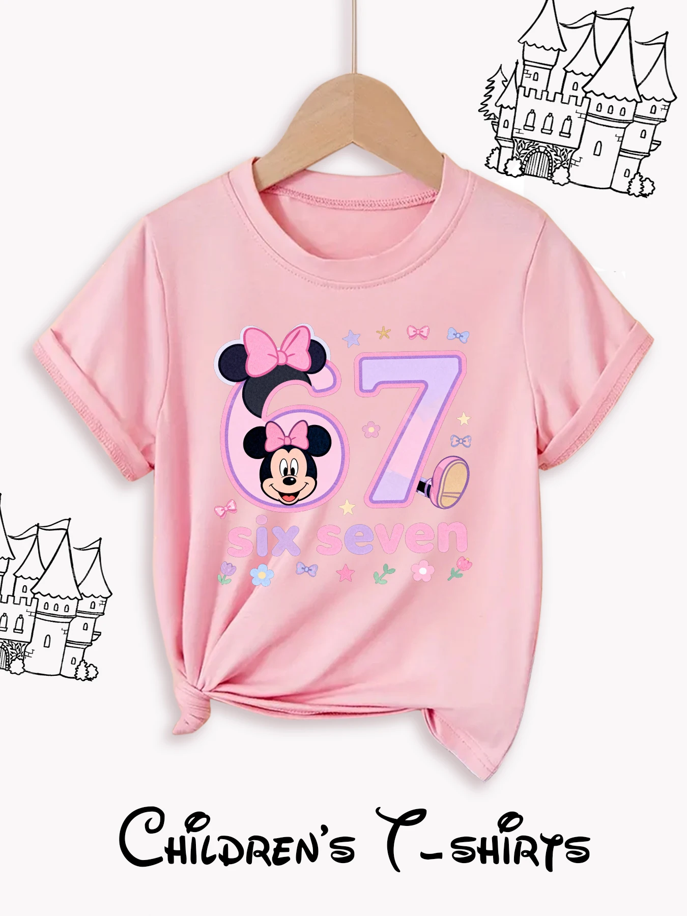 تي شيرت أطفال كاجوال متعدد الاستخدامات برقبة دائرية من Disney Fashion مع 69 ونمط ميني لطيف، مثالي للارتداء اليومي، هدية لطيفة