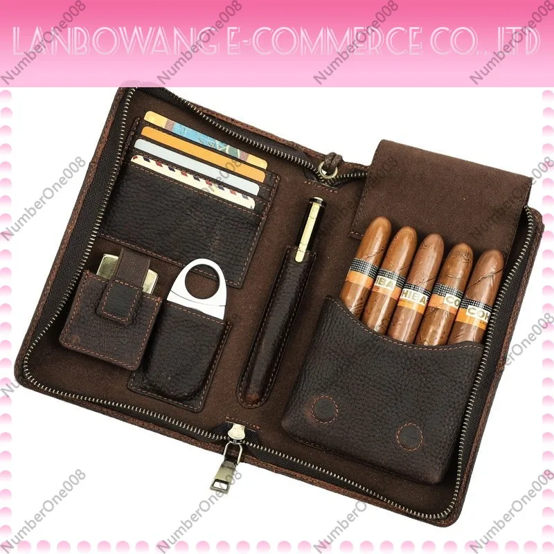 

Vintage Leather 5 Cigars Travel Humidor Pouch Zippered Portable Handheld Multifunctional Cigar Carry Case