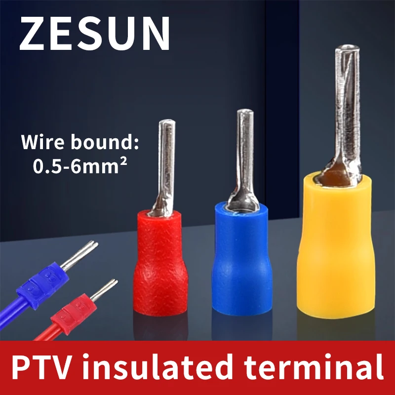 50/100pcs PTV pin pre insulated wiring terminal 1.25/2/5.5 cold pressed pin type wiring pressure ear quick wiring terminal