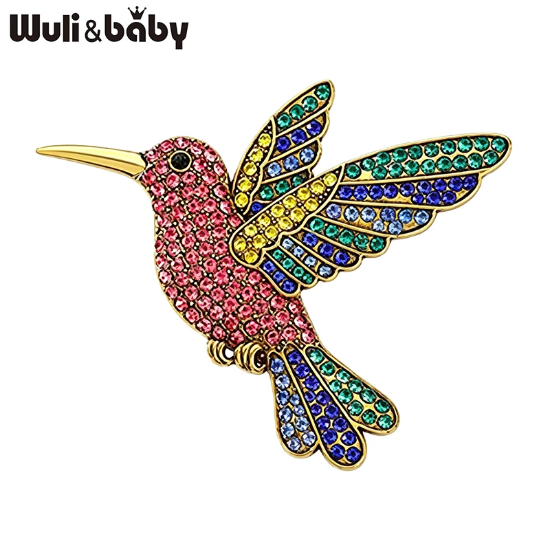 Wuli&baby Vintage Hummingbird Animal Brooches Pins For Women Unisex 4-color Rhinestone Flying Bird Office Party Brooch Pin Gifts