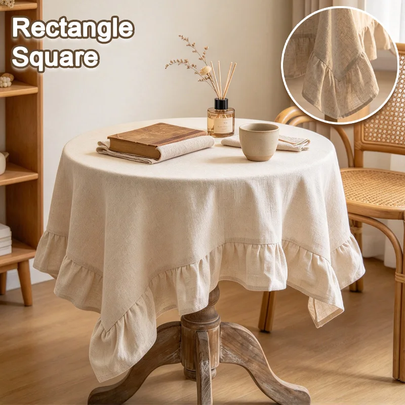 Linen Tablecloth with Ruffled Edge Vintage Farmhouse Table Cover Washable Solid Color Table Cloth for Kitchen Dining Cafe Table