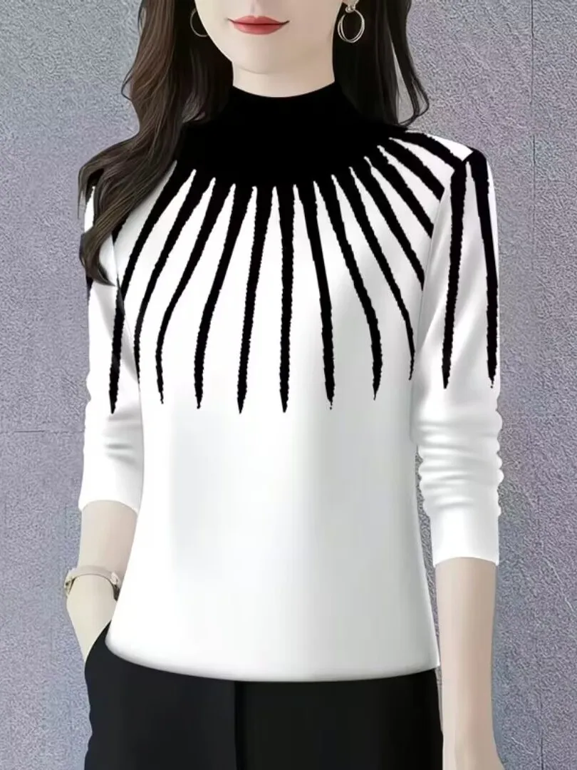 Slimming Print High Neck Long Sleeve Base Shirt for Women Trendy Casual Style Milk Fiber T-Shirt Cover Belly Home Wear