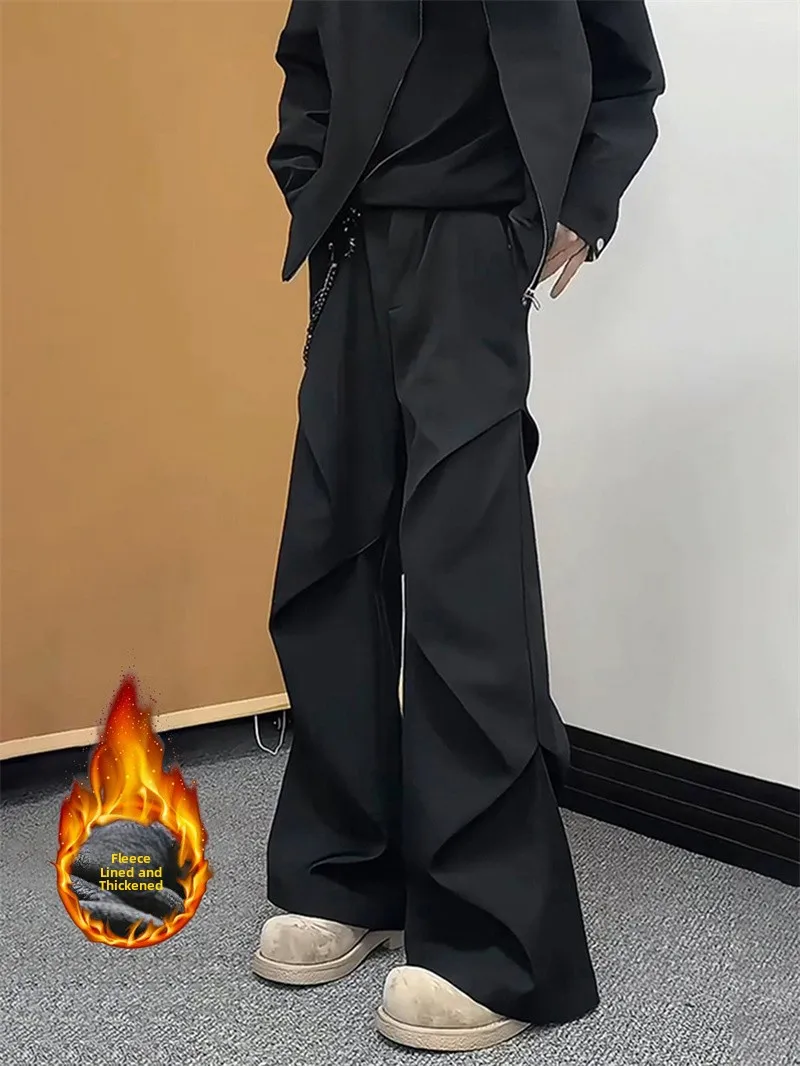 

Men's Fleece Lined Trousers Autumn Winter Thickened Straight Leg Loose Fit Warm Pants Drapey High End Feeling Cool Style