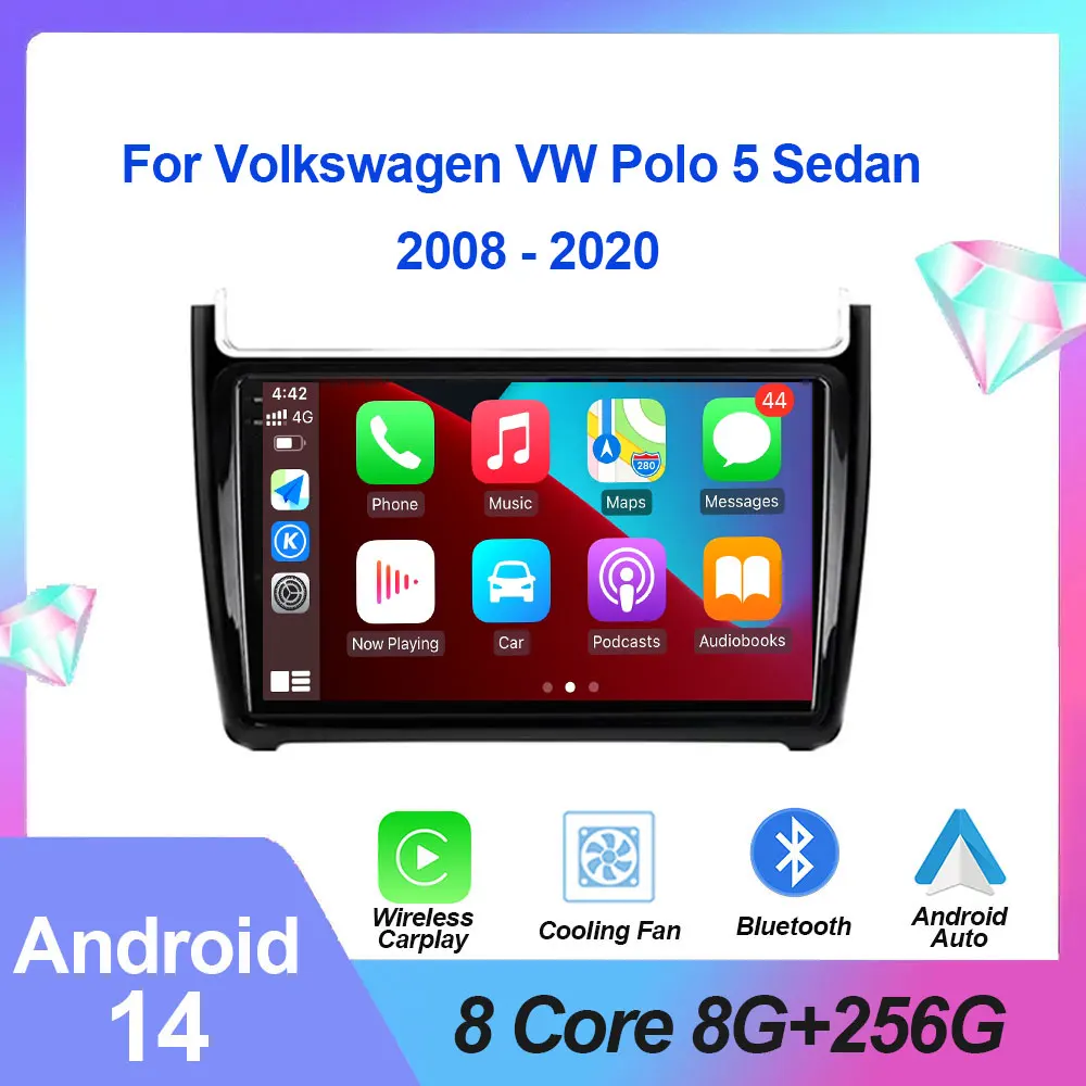 Android 14 Car Radio For Volkswagen VW Polo 5 Sedan 2008 - 2020 Multimedia Player WIFI 4G 2 Din Carplay Stereo GPS DVD Head Unit