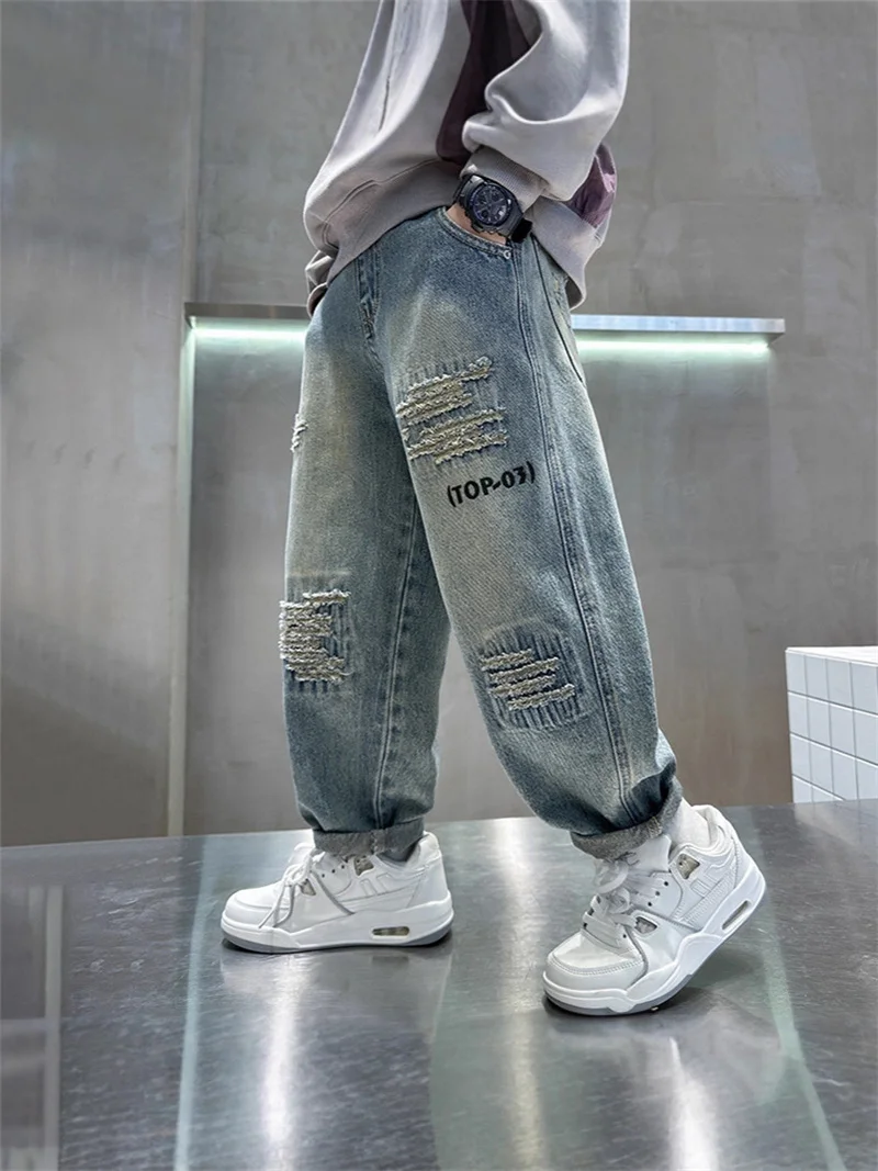 Herbst-Jungen-Jeanshosen Kinder Lose Denim-Hosen Teenager Mode Frühling Baggy Freizeithosen Kinderbekleidung 4-12 Jahre – Detail 7