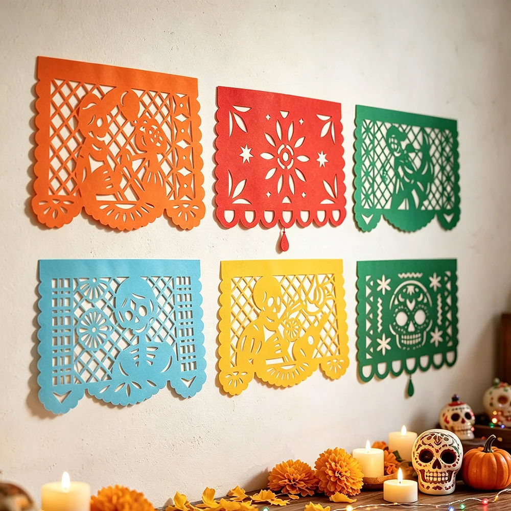 Mexikanisches Tag der Toten Papel Picado Banner 50 Stück Hohle Totenkopf-Blumen-Ausschnitt-Fahnen-Girlande Dia De Muertos Fiesta Party Hängedekoration – Detail 11