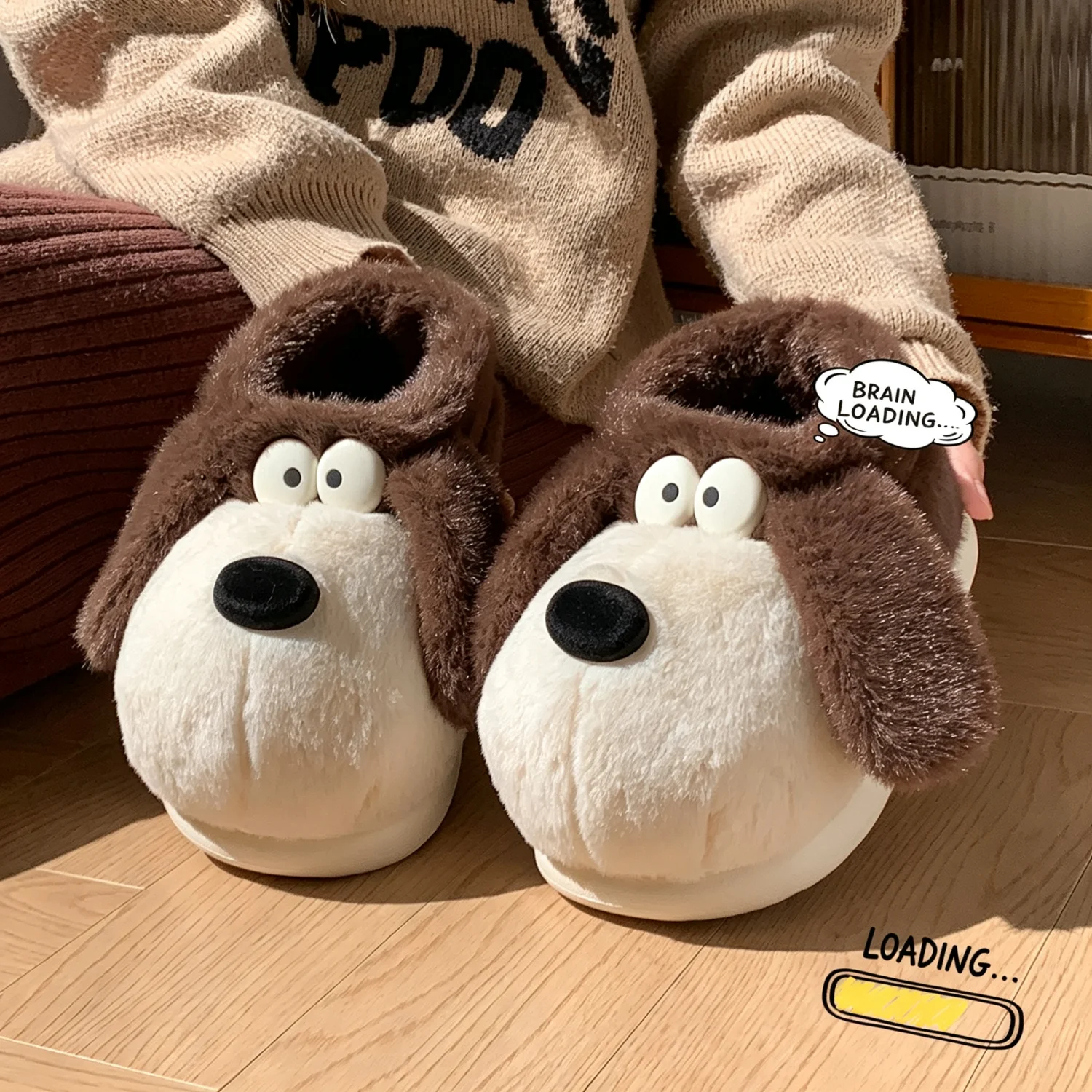 Koreanischer Stil, niedliche Welpen-Hausschuhe aus Plüsch, Damen, Winter, warm, mit weicher Sohle, für drinnen, flauschig, rutschfest, Hausschuhe. – Detail 10