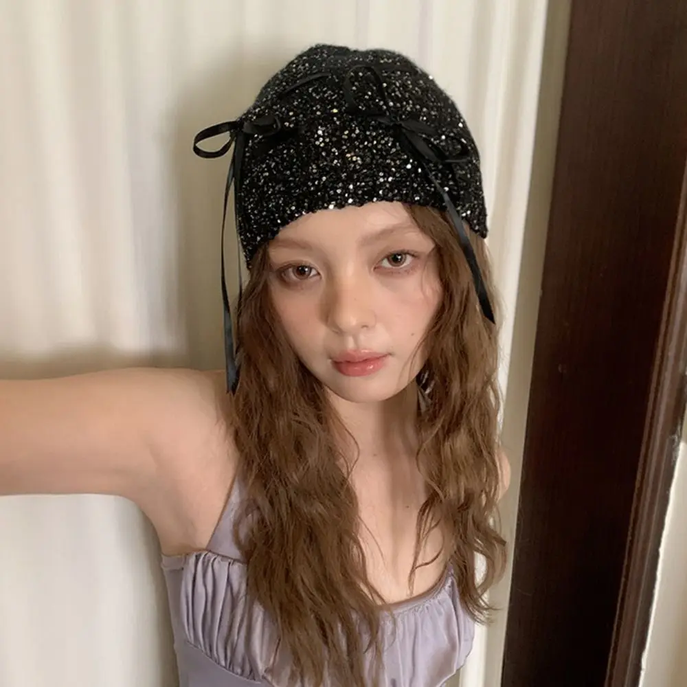 

Fashion Vintage Sequin Knitted Hat Bowknot Hollow Beanie Hat Thin Jennie Style Woven Cap Winter