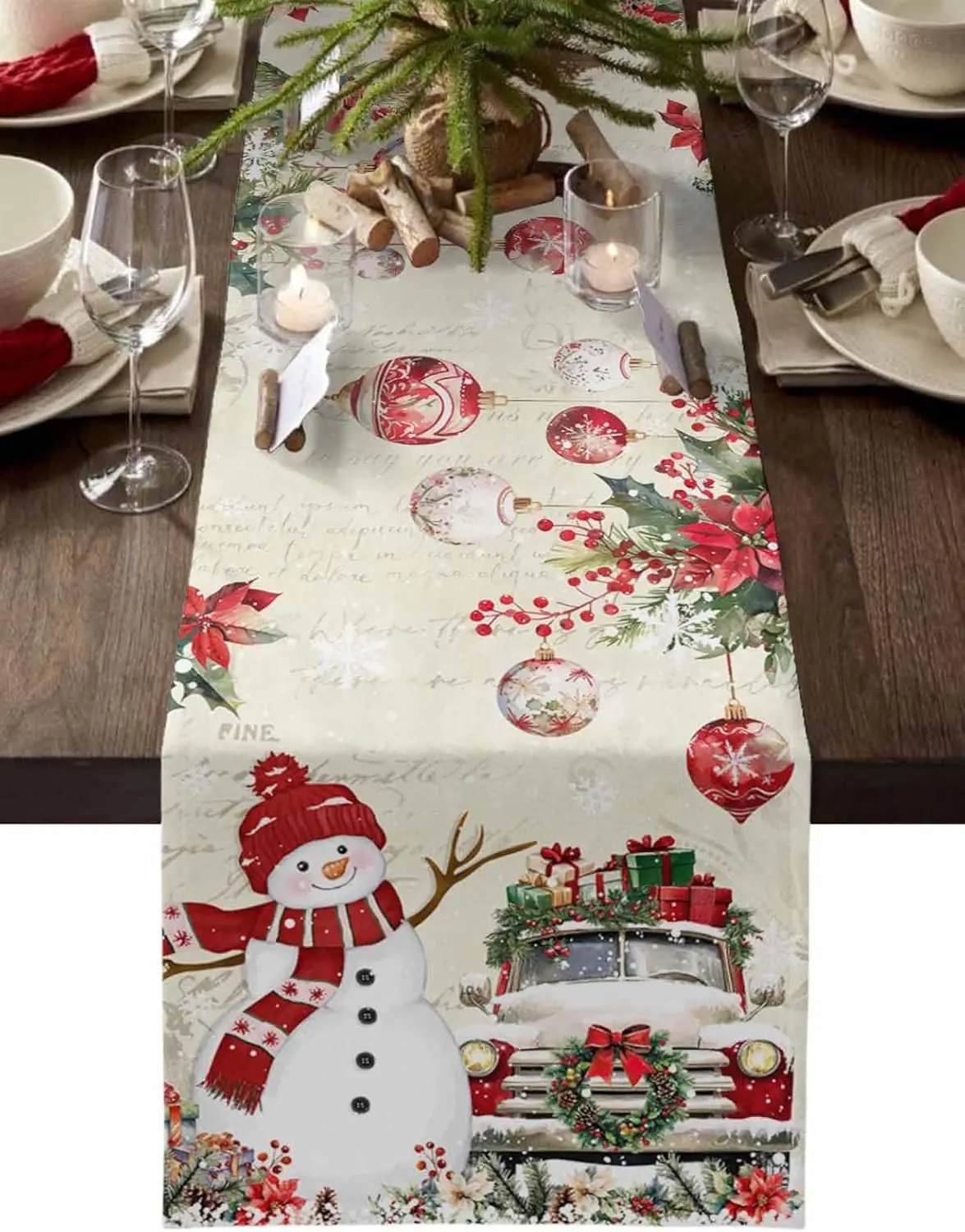 Christmas Snowman Truck Poinsettia Flower Linen Table Runner ForTable Decor Xmas Snowflakes Table Runners Christmas Decorations