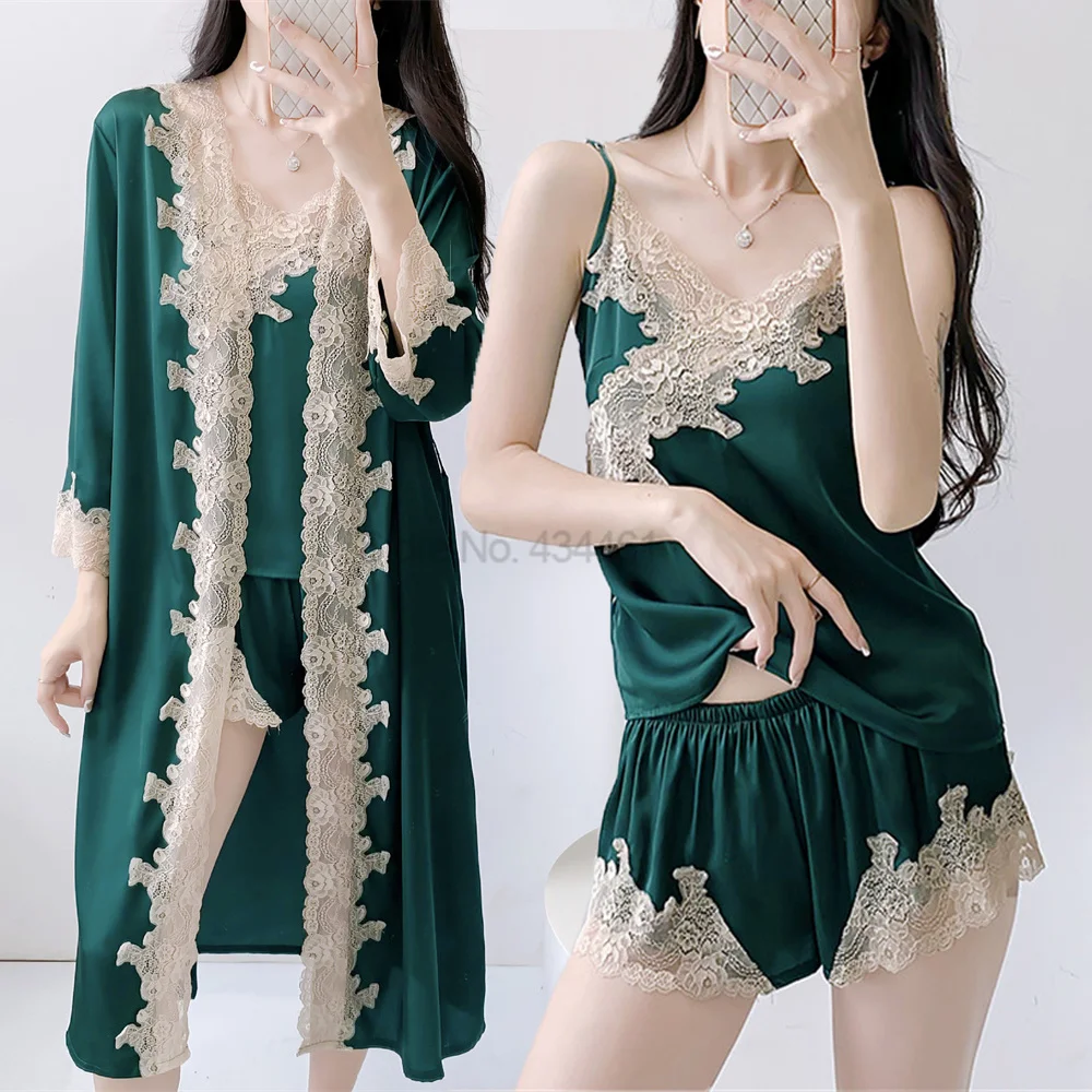 

Satin Pajamas Suit With Shorts Women Sleepwear Lace Patchwork Nightwear Lingerie Sexy Kimono Robe Gown Set Summer Loungewear