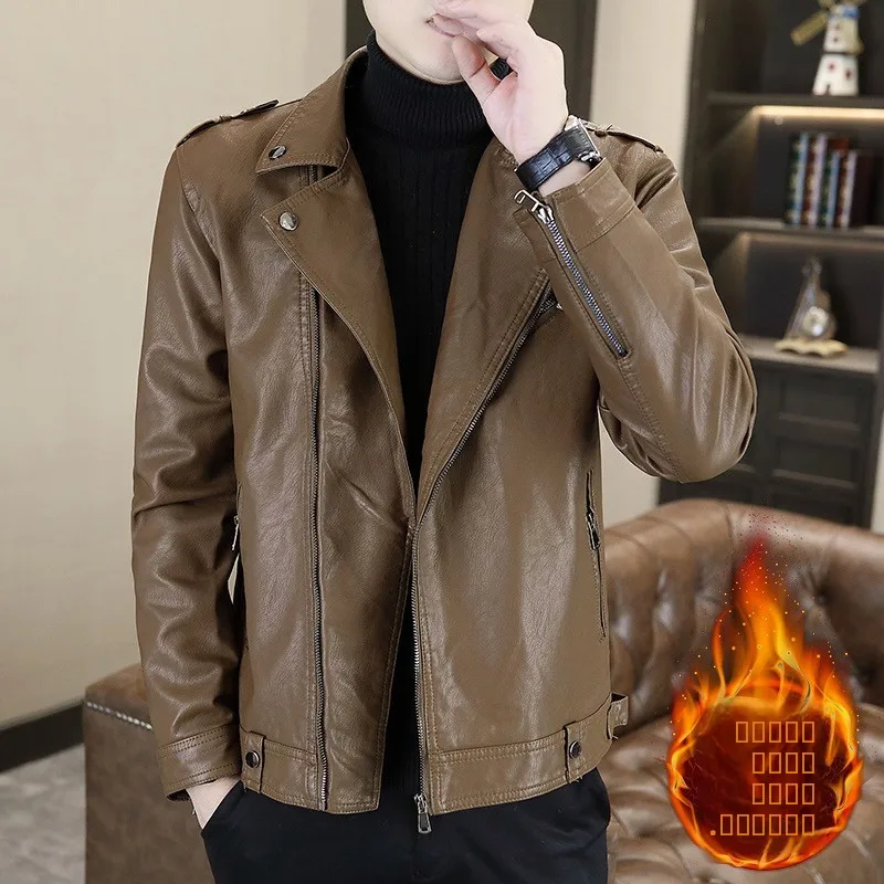 

Зимняя новинка: мужская кожаная куртка с подкладкой, диагональной молнией на воротнике, универсальная, для мотоциклистов, молодежная, энергичная, из полиуретана.