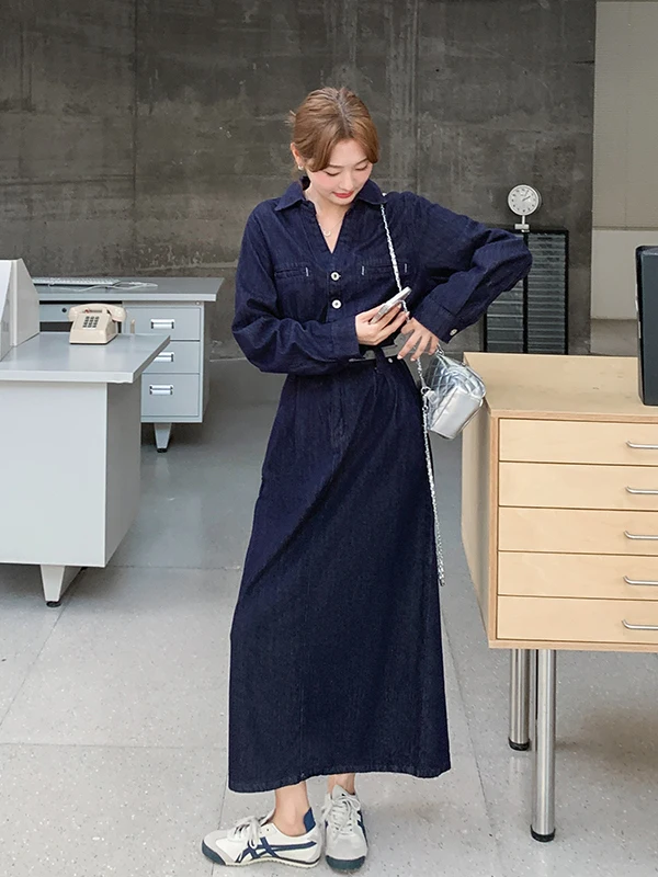 Gonna Lunga in Denim a Vita Alta con Scollo a V per Donna, Primavera Autunno 2025, Nuovo Modello Blu Super Lungo Casual