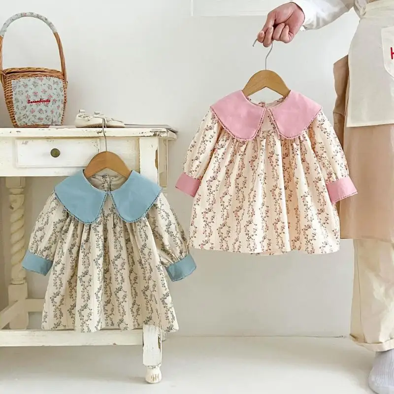 2026 Autumn New Girls Long Sleeve Floral Dress Children Princess Dress Cotton Baby Girl Peter Pan Collar Dress Toddler Clothes